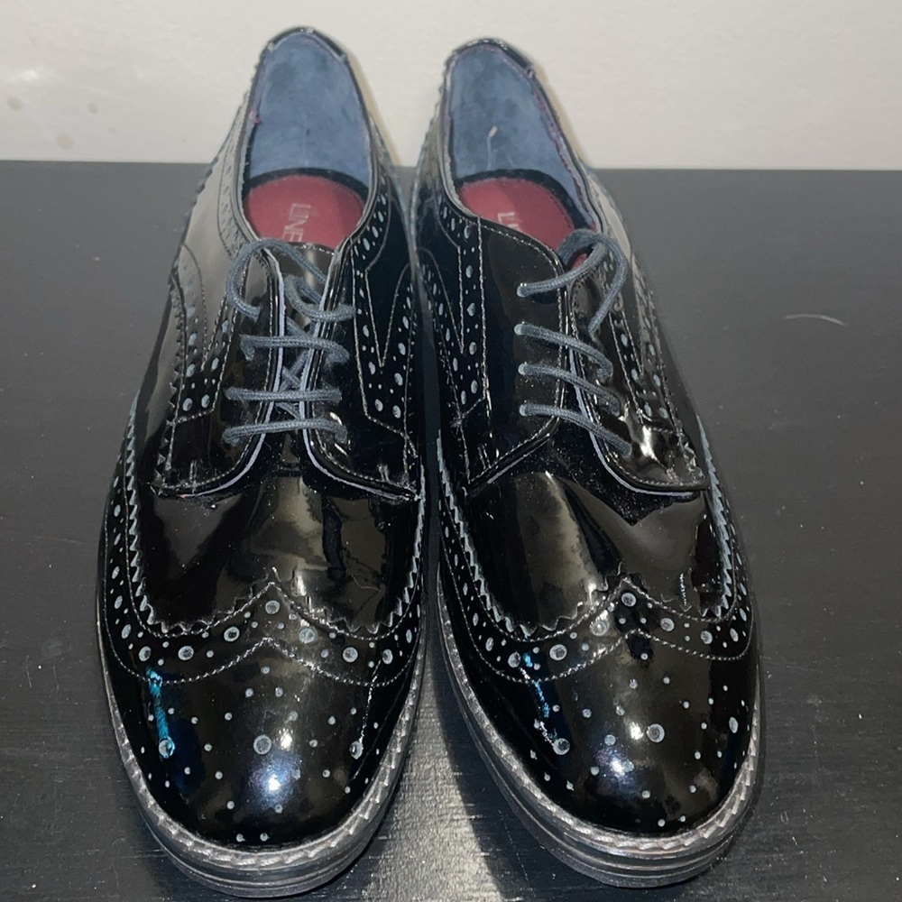 Line A Zeta Black patent‎ leather wing tip shoes.  Size 37/6.5.
